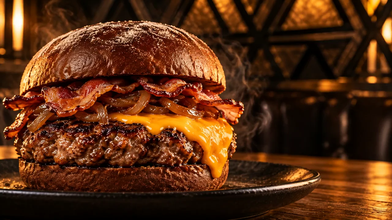 Recriação ilustrativa do O Concorrente: pão australiano, carne, cheddar, bacon e cebola caramelizada.