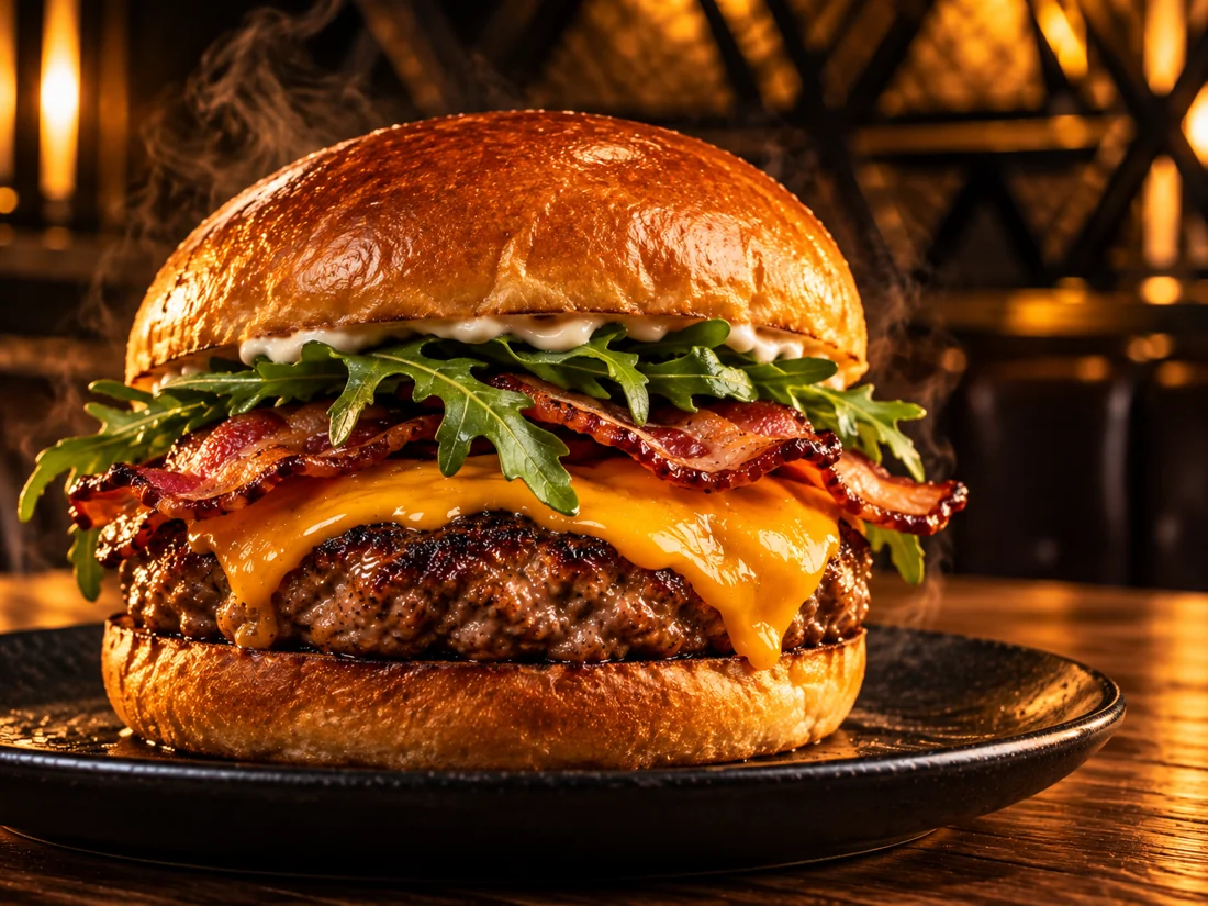 Recriação ilustrativa do Glorioso com cheddar, bacon, rúcula e brioche.