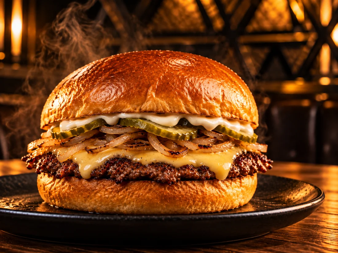 Recriação ilustrativa do Smash Burger com queijo prato, picles e cebola grelhada.